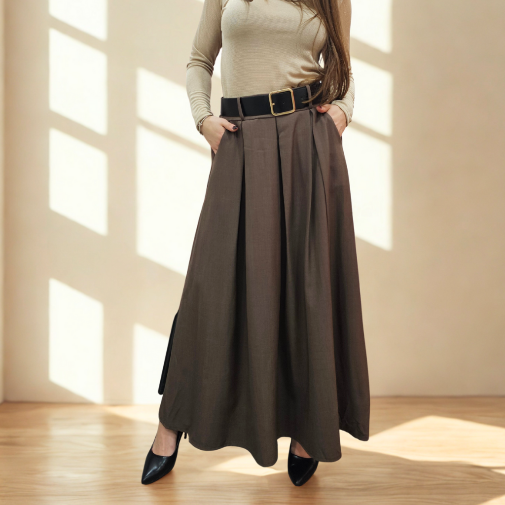 Dlouhá áčková sukně CAROLA s páskem hnědá3